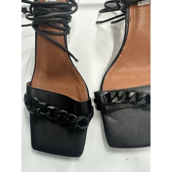 Lonia Black Vegan Leather Open Toe Chain Tie Up Ankle Strap Sandal, 13 - Picture 2 of 11